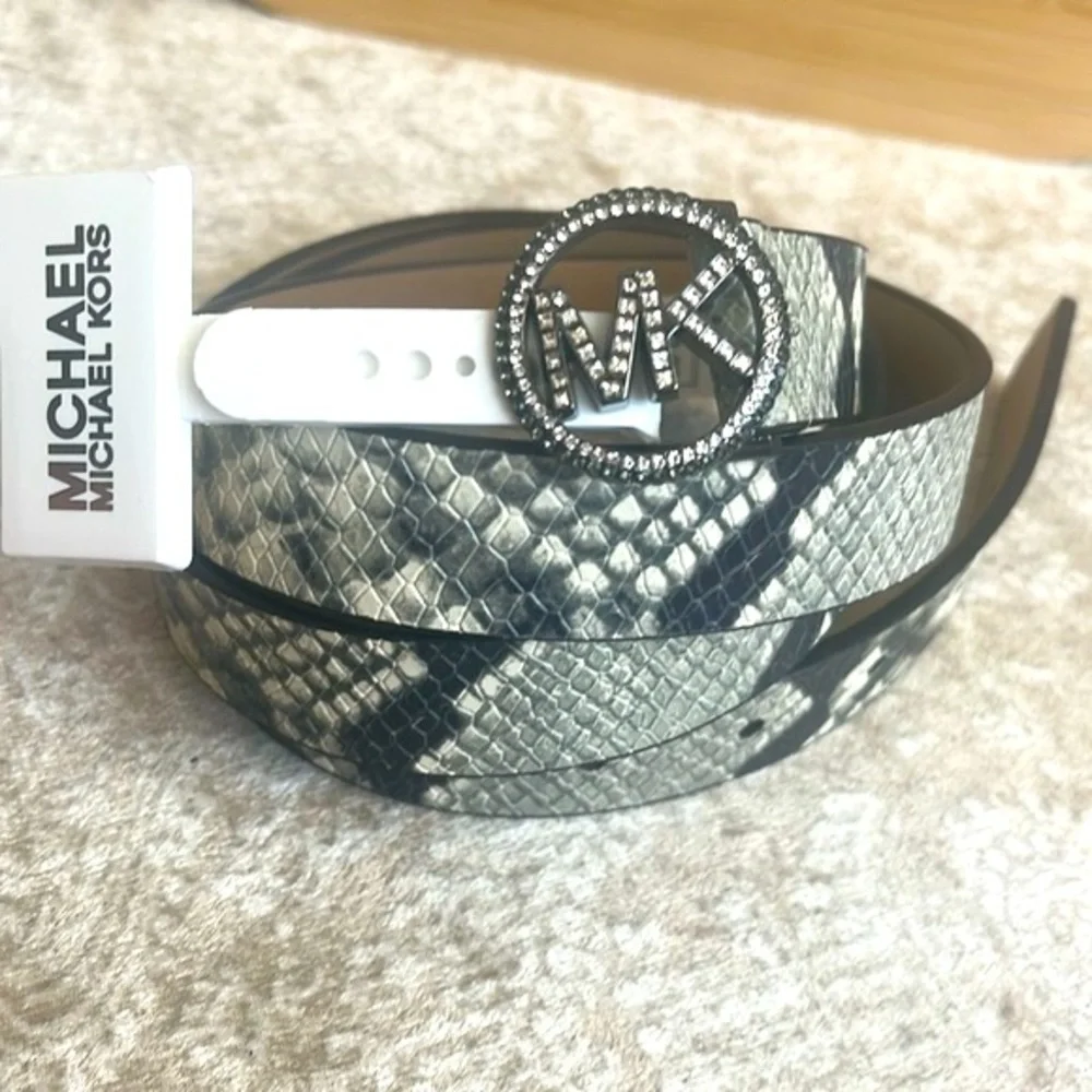 Brand New Michael Kors Genuine Leather Snakeskin Print Belt Sparkly Logo Buckle